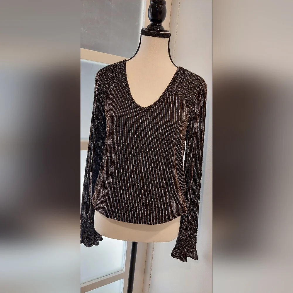 LOFT Silver Ribbed Blouse with Long Sleeves - Picture 1 of 8